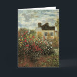 Monet's tuin in Argenteuil door Claude Monet Kaart<br><div class="desc">De Artiestuin in Argenteuil (een hoek van de tuin met Dahlias) (1873) van Claude Monet is een schilderij van de impressionistische kunst met florale natuur. Een boerderij-huis van een land bevindt zich op de achtergrond. Een stel verliefd loopt langs een romantische tuin in het voorjaar met bloeiende rozen en andere...</div>