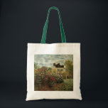 Monet's tuin in Argenteuil door Claude Monet Tote Bag<br><div class="desc">De Artiestuin in Argenteuil (een hoek van de tuin met Dahlias) (1873) van Claude Monet is een schilderij van de impressionistische kunst met florale natuur. Een boerderij-huis van een land bevindt zich op de achtergrond. Een stel verliefd loopt langs een romantische tuin in het voorjaar met bloeiende rozen en andere...</div>