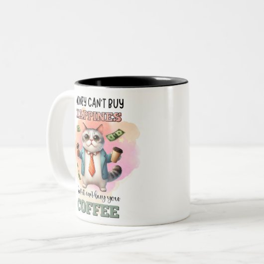 Money Can't Buy Happiness Funny Cat Lover Gift  Tweekleurige Koffiemok (Voorkant links)
