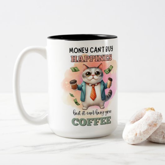 Money Can't Buy Happiness Funny Cat Lover Gift  Tweekleurige Koffiemok (Met donut)