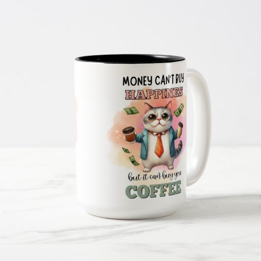 Money Can't Buy Happiness Funny Cat Lover Gift  Tweekleurige Koffiemok (Voorkant rechts)