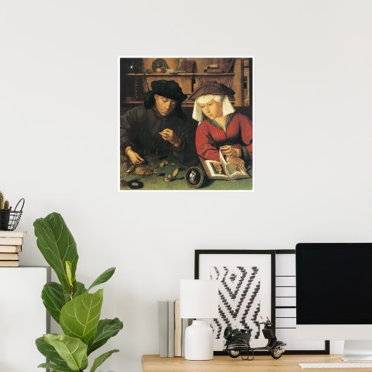 Money Changer en zijn vrouw, 1514 Quentin Metsys Poster (Thuiskantoor)