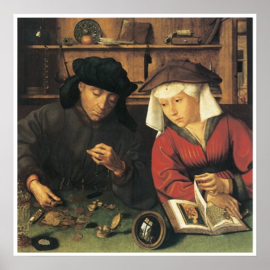 Money Changer en zijn vrouw, 1514 Quentin Metsys Poster (Voorkant)