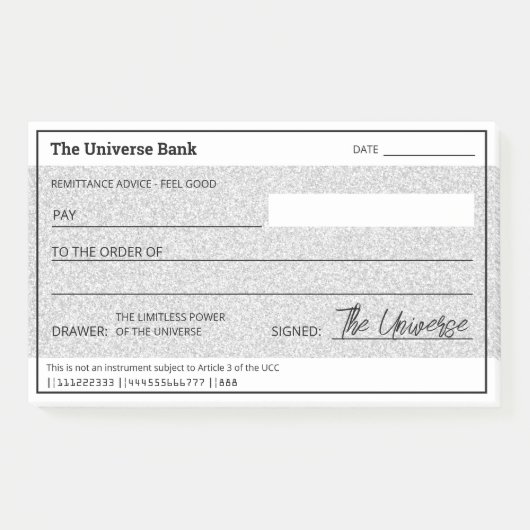 Money Manifestatie Zilveren Glitter Blanco Check Post-it® Notes (Voorkant)