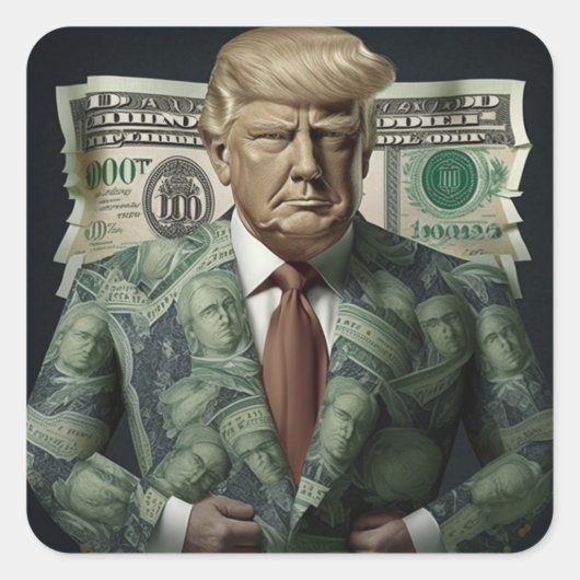 Money Suit Trump: een symbool van rijkdom en krach Vierkante Sticker (Voorkant)