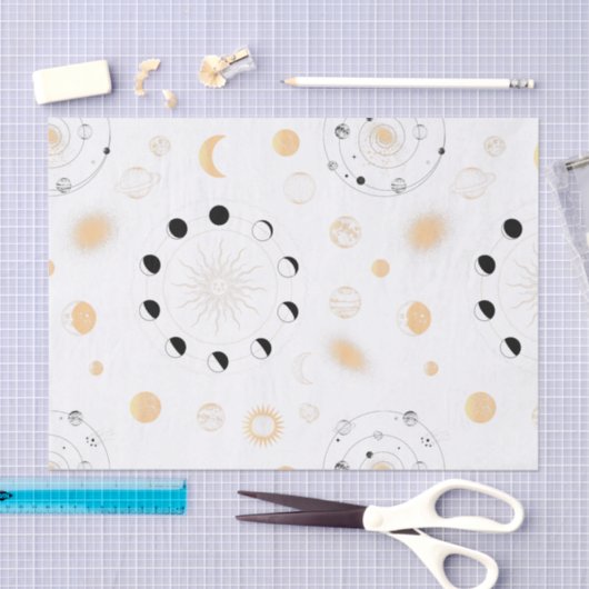 Monfases planeten rond goud zwart wit tissuepapier (Craft)