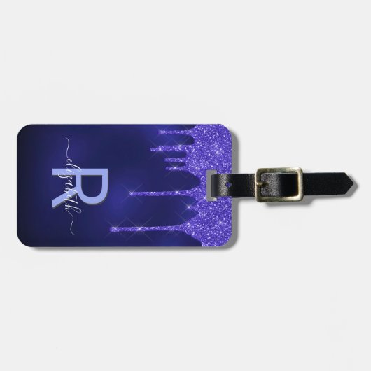 Mongmonogram met marineblauw glitter bagagelabel (Voorkant horizontaal)