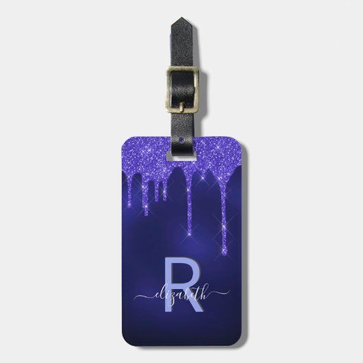 Mongmonogram met marineblauw glitter bagagelabel (Voorkant verticaal)