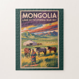 Mongolia Paarden Jurte Illustratie Reis Kunst Retr Legpuzzel
