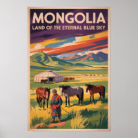 Mongolia Paarden Jurte Illustratie Reis Kunst Retr