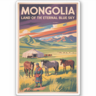 Mongolia Paarden Jurte Illustratie Reis Kunst Retr Sticker