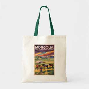 Mongolia Paarden Jurte Illustratie Reis Kunst Retr Tote Bag