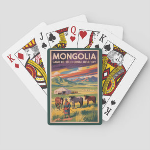 Mongolia Paarden Yurt Illustratie Reis Kunst Retro Pokerkaarten