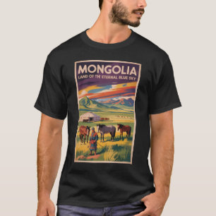 Mongolia Paarden Yurt Illustratie Reis Kunst Retro T-shirt