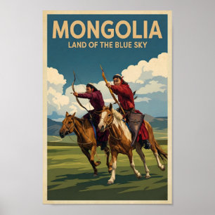 Mongolia Ruiters Illustratie Reis Kunst Vintage Poster