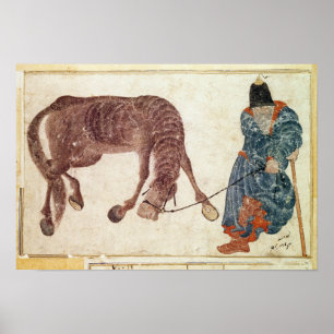 Mongoliaanse nomade die zijn paard naar water bren poster