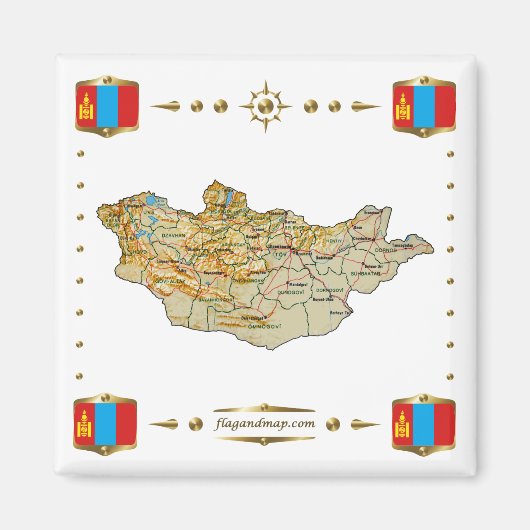 Mongolië Kaart + Vlaggen Magnet (Voorkant)