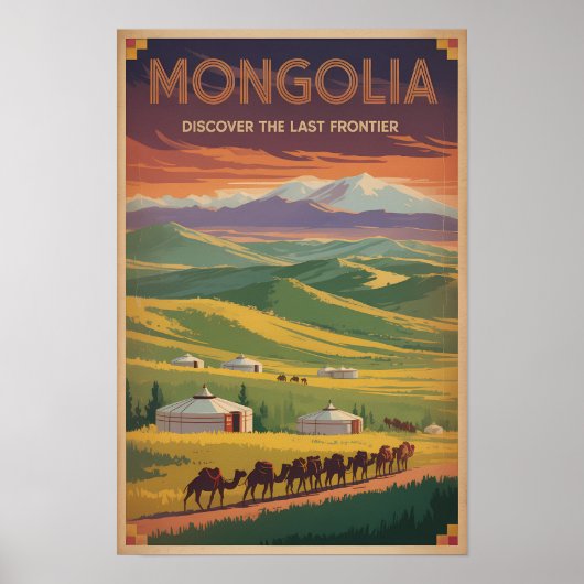 Mongolië Kamelen Yurt Illustratie Reis Kunst Retro Poster (Voorkant)