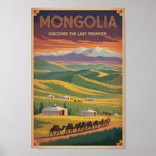 Mongolië Kamelen Yurt Illustratie Reis Kunst Retro Poster (Voorkant)