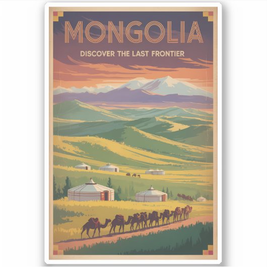 Mongolië Kamelen Yurt Illustratie Reis Kunst Retro Sticker (Voorkant)