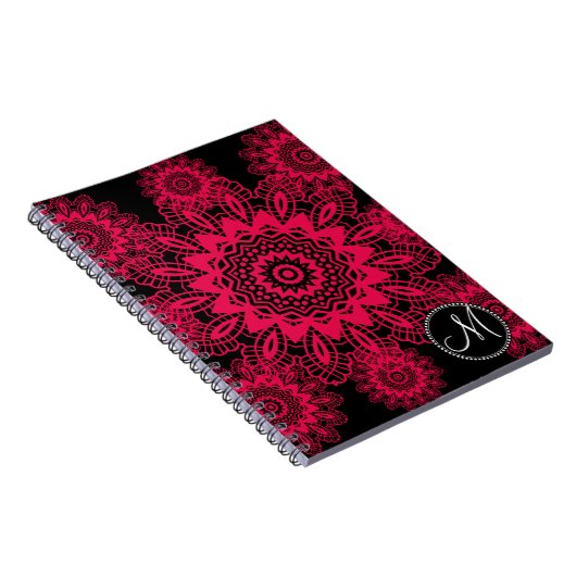 Mongram Black Hot Pink Fuchsia Lace Snowflake Notitieboek (Rechterzijde)