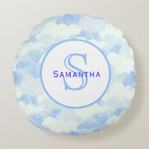 Mongram blauw en wit Abstract getextureerde wolken Rond Kussen