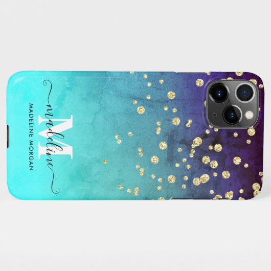 Mongstaartbruine goudglittermonogram iPhone hoesje (Achterkant horizontaal)