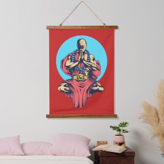 Monk bidden op rood hangend wandkleed (Slaapkamer)