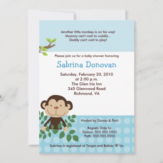 MONKAROONI Monkey Blue Baby shower Kaart (Voorkant)