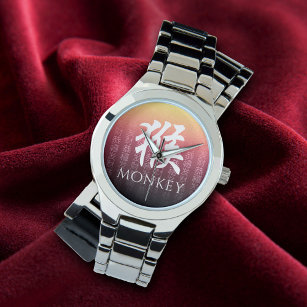 Monkey 猴 Red Gold Chinese Zodiac Lunar Symbol Horloge