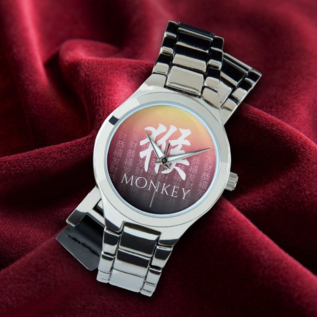Monkey 猴 Red Gold Chinese Zodiac Lunar Symbol Horloge (Creator heeft geüpload)