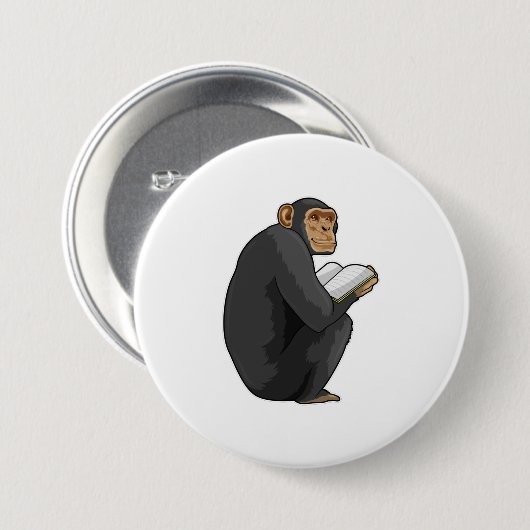 Monkey als Nerd met Boek Ronde Button 7,6 Cm (Voorkant /achterkant)