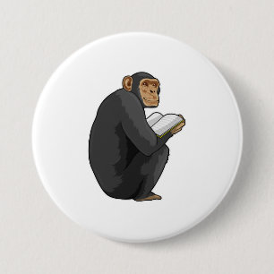 Monkey als Nerd met Boek Ronde Button 7,6 Cm