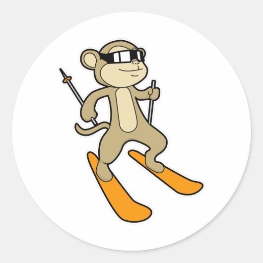 Monkey als Skier met Ski Ronde Sticker (Voorkant)
