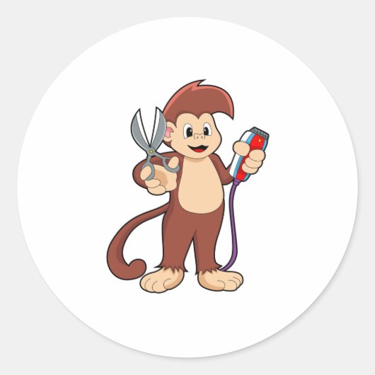 Monkey as Hairdresser with Scissors & Razor Ronde Sticker (Voorkant)