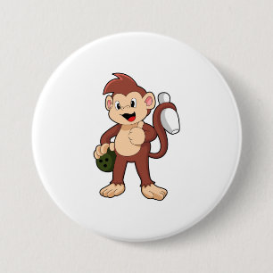 Monkey at Bowling with Bowling Ronde Button 7,6 Cm