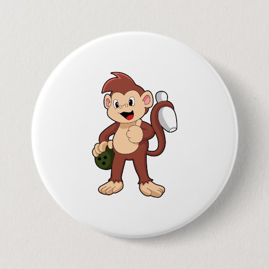 Monkey at Bowling with Bowling Ronde Button 7,6 Cm (Voorkant)