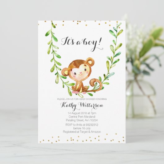 Monkey Baby Boy Douche Uitnodiging (Staand voorkant)