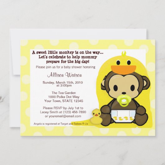 Monkey Baby Duckie Bath Shower Uitnodiging (Voorkant)