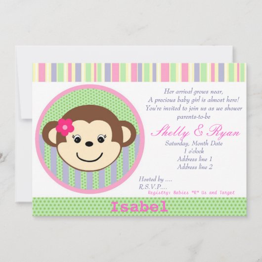 Monkey Baby Girl Shower Kaart (Voorkant)