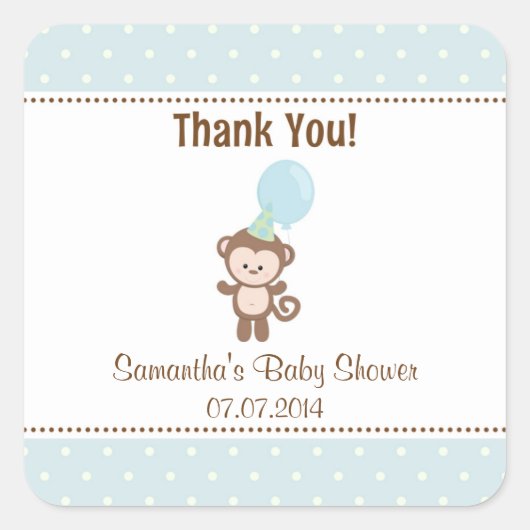Monkey Baby shower Bedankt Stickers (Blauw) (Voorkant)
