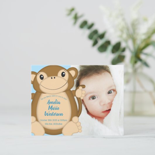 Monkey Baby shower Blue Briefkaart (Staand voorkant)