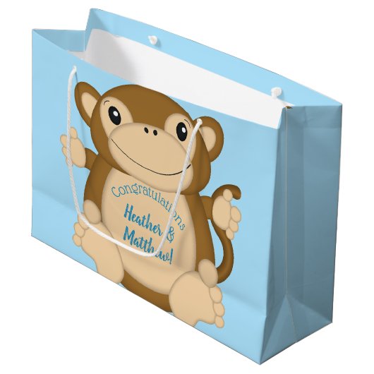 Monkey Baby shower Blue Groot Cadeauzakje (Voorkant Gekanteld)
