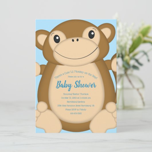 Monkey Baby shower Blue Kaart (Staand voorkant)