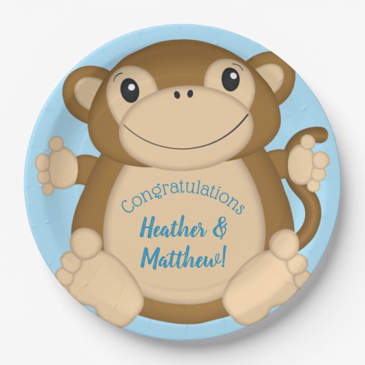 Monkey Baby shower Blue Papieren Bordje (Voorkant)