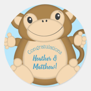 Monkey Baby shower Blue Ronde Sticker