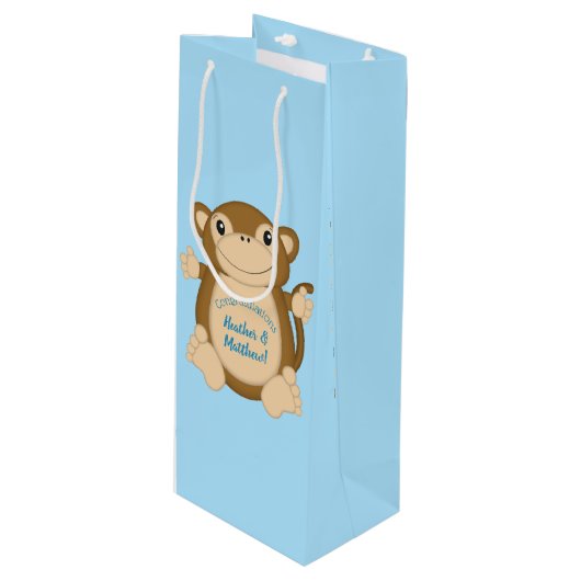 Monkey Baby shower Blue Wijn Cadeautas (Voorkant Gekanteld)