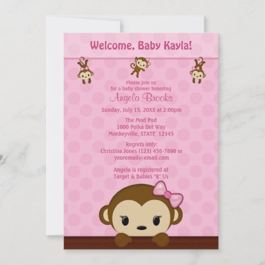MONKEY Baby shower Calls Polka Dot PINK GIRL Kaart (Voorkant)