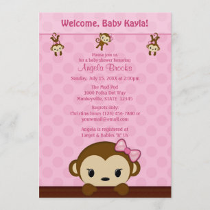 MONKEY Baby shower Calls Polka Dot PINK GIRL Kaart