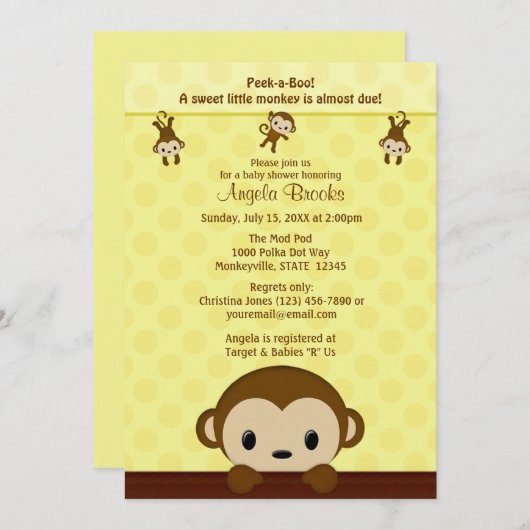 MONKEY Baby shower Calls Polka Dot YELLOW MPP Kaart (Voorkant / Achterkant)